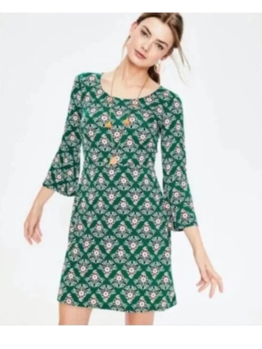 Boden Miriam Stretch Jersey Green Floral Scoop Neck Dress w/ 3/4 Bell Sleeves